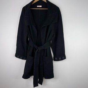 LAUREL Women Black 100% Wool Tie Waist Pockets Sweater Coat